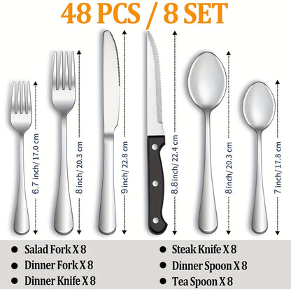 Silverware Set 48 Piece with Steak Knives Service for 8 – Stainless Steel Flatware Cutlery Set, Mirror Finish, Dishwasher Safe | Silver & Black Utensils for Home Kitchen Dining