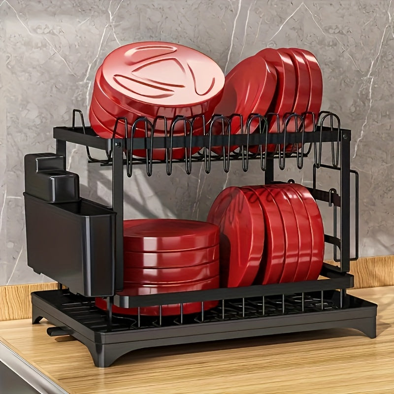 2-Tier Dish Drying Rack Double Layer Rust Proof with Drain Tray Utensil Holder Kitchen Countertop Organizer for Plates Bowls Cups Cutlery Space Saving Kitchen Storage Black White