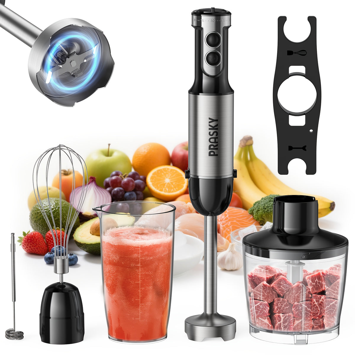 5-in-1 Handheld Immersion Blender Mixer Heavy Duty – Electric Hand Mixer with Whisk Meat Chopper Measuring Cups Attachments for Kitchen Cooking Baking Blending Soups Smoothies Black Red