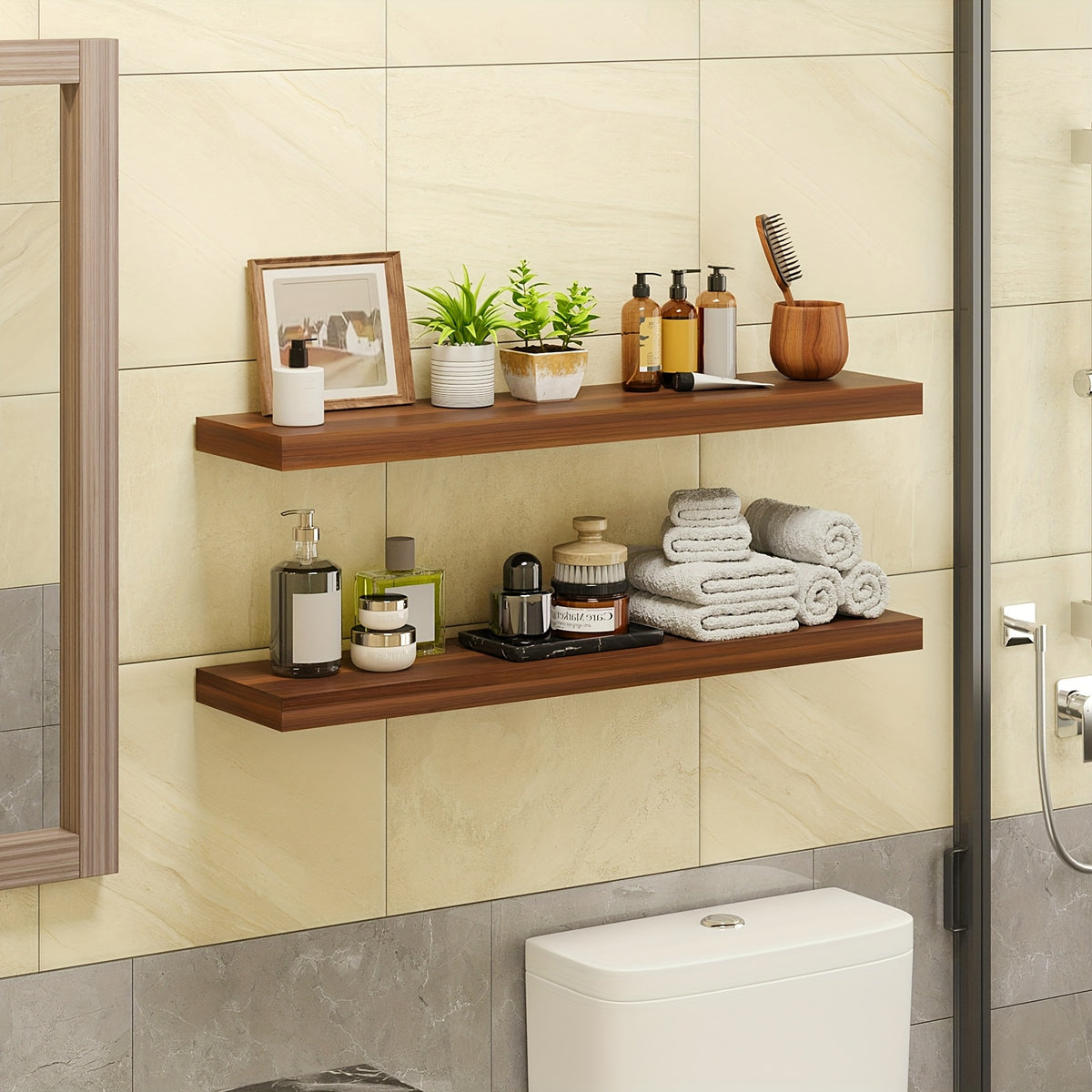 Invisible Bracket Floating Shelves 4 Pack 22 Inch Wall Mounted Wood Shelf for Bathroom Bedroom Living Room Kitchen Decor, Sturdy Wall Shelves Set with Hidden Brackets Walnut Light Brown White Black