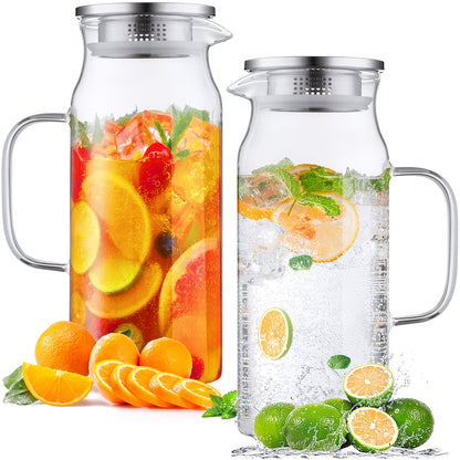 Glass Pitcher with Lid & Handle 68oz – Borosilicate Water Jug for Fridge, Iced Tea, Coffee Carafe & Cold Drinks, Heat Resistant, 304 Stainless Steel Lid, 1 or 2 Pack