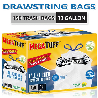 13 Gallon Trash Bags Drawstring – Odor Control Kitchen Garbage Bags with Lemon Mint Scent, Puncture & Tear Resistant, 33/78/150 Count Bulk Value Pack