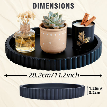 Decorative Wood Tray for Coffee Table & Living Room – 11" Round Fluted Serving Tray, Ottoman Centerpiece, Jewelry Organizer, Home Decor Gift