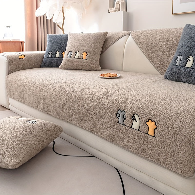 Sofa Cover Plush Shearling Non-Slip Pet-Friendly – Thick Couch Protector with Animal Bone Embroidery for 2 3 4 Seater, Soft Warm Slipcover for Living Room Bedroom Office in Dark Gray Off White Coffee Black