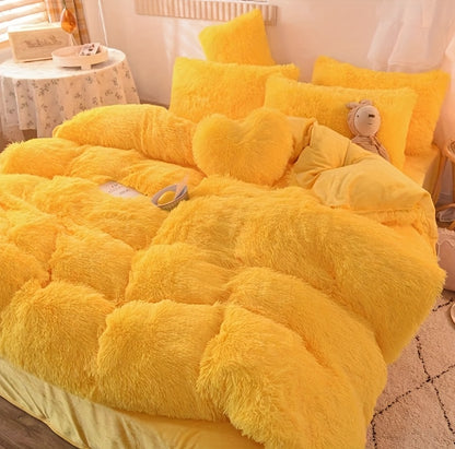 Fluffy Duvet Cover Set 4 Piece Queen King, Soft Plush Comforter Cover with 2 Pillow Shams All Season Cozy Bedding Set No Insert, in Purple Red Pink Gray Yellow Blue Beige Black