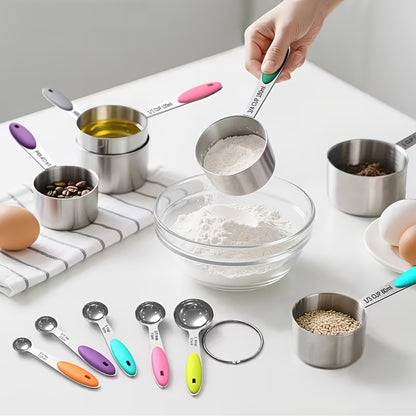 Stainless Steel Measuring Cups and Spoons Set with Silicone Handle, Precise Baking and Cooking Measurement Tools, 5-Piece Measuring Spoon Set or 10-Piece Complete Set