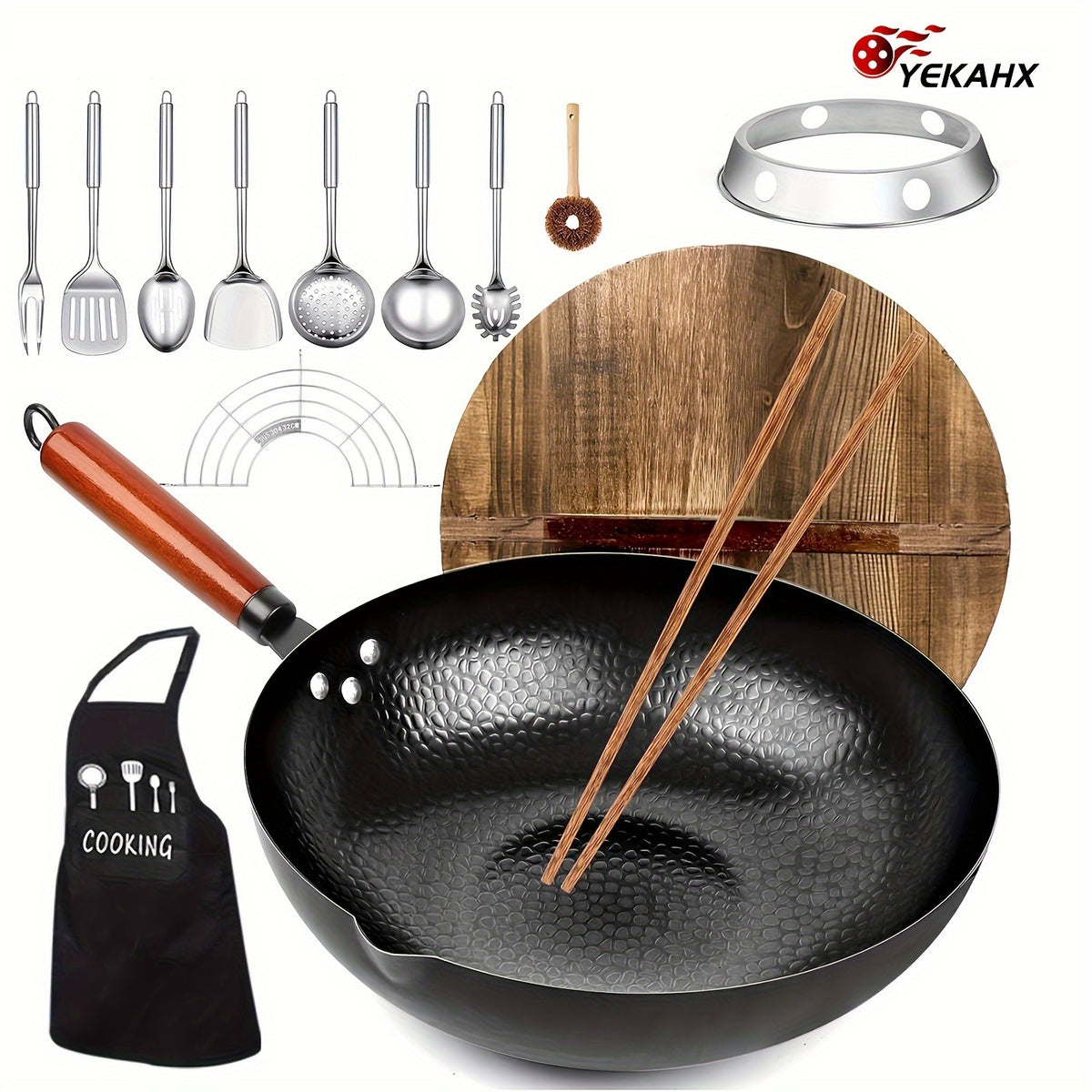 Carbon Steel Wok Set with Lid 12.6 Inch - 14-Piece Non-Stick Stir Fry Pan for All Stoves, Detachable Handle, Honeycomb Surface, Wok Spatula & Kitchen Utensils Included
