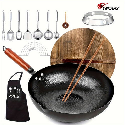Carbon Steel Wok Set with Lid 12.6 Inch - 14-Piece Non-Stick Stir Fry Pan for All Stoves, Detachable Handle, Honeycomb Surface, Wok Spatula & Kitchen Utensils Included