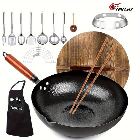 Carbon Steel Wok Set with Lid 12.6 Inch - 14-Piece Non-Stick Stir Fry Pan for All Stoves, Detachable Handle, Honeycomb Surface, Wok Spatula & Kitchen Utensils Included