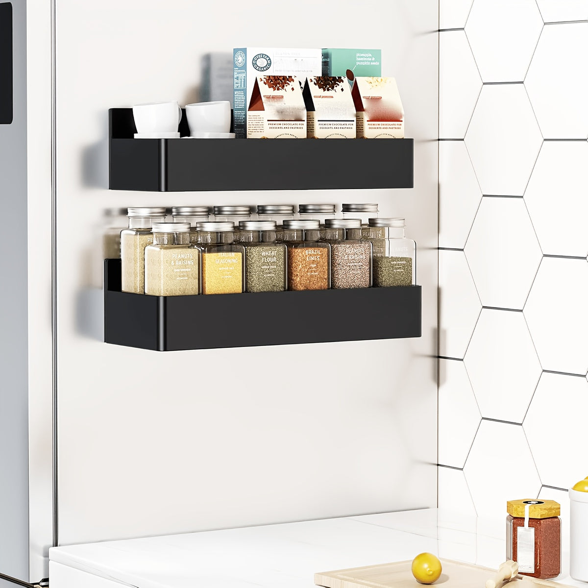 Magnetic Fridge Organizer Shelf Set - Movable Metal Refrigerator Storage Rack, Multi-Purpose Magnetic Spice Shelf for Kitchen & Bathroom, Space-Saving Side Wall Organizer, Black White 2pcs 4pcs