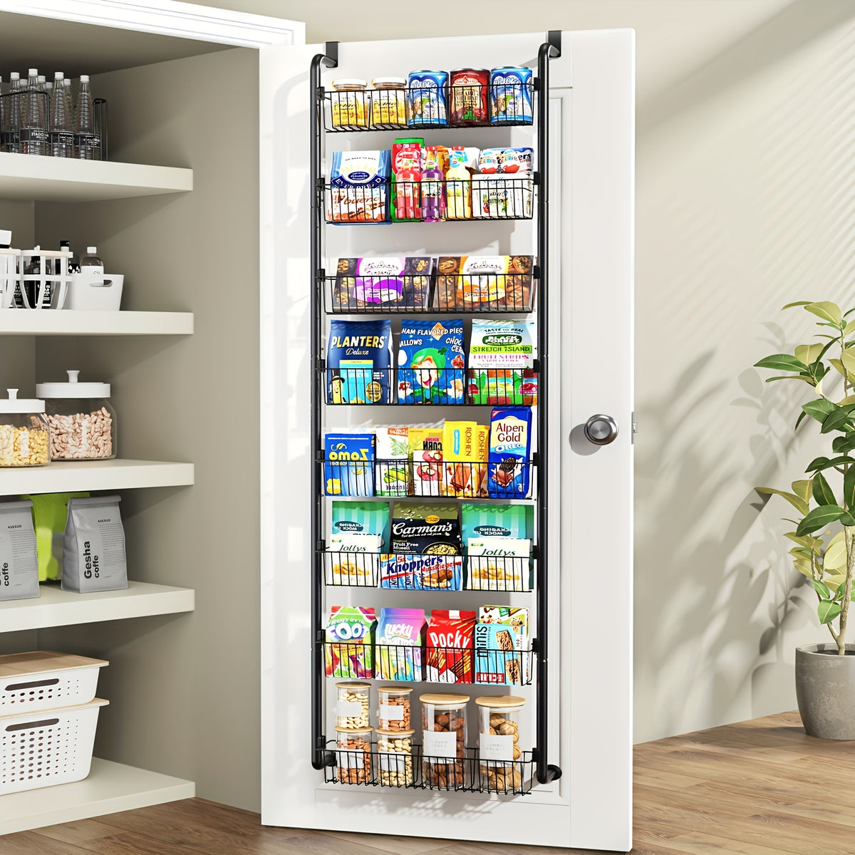 Over The Door Organizer, Heavy-Duty Metal Pantry Rack with 6 or 8 Shelves – Space-Saving Multi-Level Storage for Kitchen, Bathroom & Laundry Room, Spice Rack & Cabinet Door Hanging Shelf, Black or White