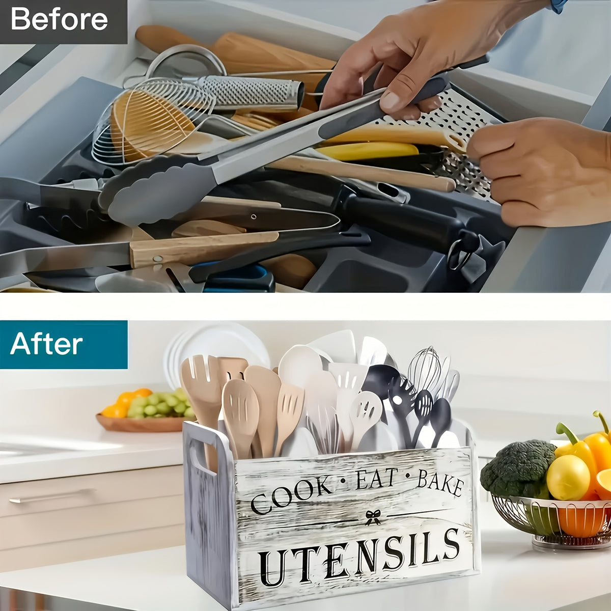 Vintage Wooden Kitchen Utensil Organizer, 3 Compartment Countertop Cutlery Storage Box with Wall Mount Option, Rustic Wood Cooking Tool Holder for Kitchen Counter Baking Utensils, Multifunctional Durable Caddy, Black or Gray