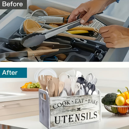 Vintage Wooden Kitchen Utensil Organizer, 3 Compartment Countertop Cutlery Storage Box with Wall Mount Option, Rustic Wood Cooking Tool Holder for Kitchen Counter Baking Utensils, Multifunctional Durable Caddy, Black or Gray