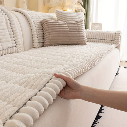 Sofa Cover Plush Velvet - Washable Stretch Couch Cover with Wavy Edge, Soft Shu Velveteen Sofa Protector for 1 2 3 4 Seater, Easy Install Furniture Cover in White Khaki Gray