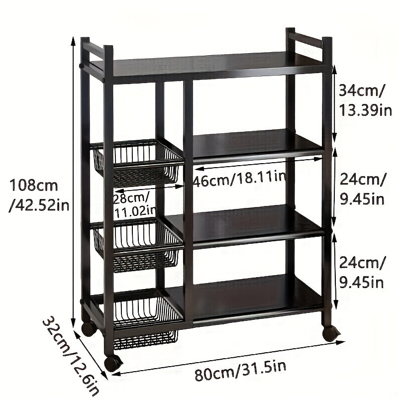 Rolling Storage Rack with Baskets Adjustable Metal Shelf on Wheels Kitchen Pantry Organizer Garage Bathroom Closet Utility Standing Shelf