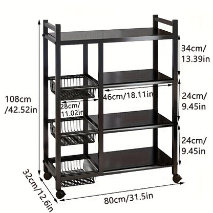 Rolling Storage Rack with Baskets Adjustable Metal Shelf on Wheels Kitchen Pantry Organizer Garage Bathroom Closet Utility Standing Shelf