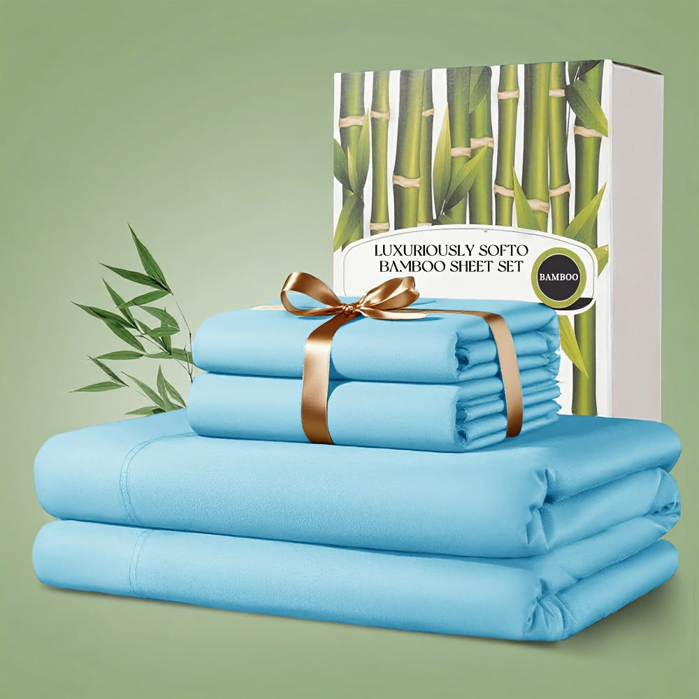 Bamboo Bed Sheet Set 4 Piece 2200TC Cooling Fabric Deep Pocket Fitted Sheet Ultra Soft Breathable for Hot Sleepers Twin Full Queen King Shrink Fade Wrinkle Resistant Hotel Quality Multiple Colors