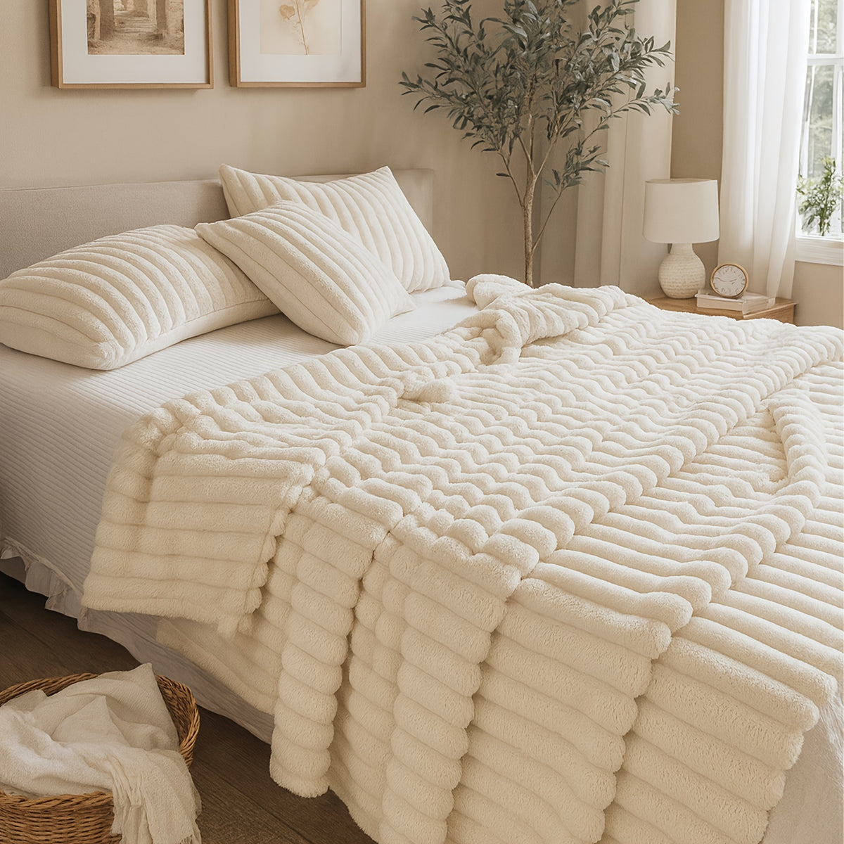 Striped Throw Blanket Ultra Soft Warm Faux Fur Blanket for Sofa Couch Bed, Lightweight Skin-Friendly All-Season Blanket for Bedroom Office Travel Camping, Cozy Gift for Women Men