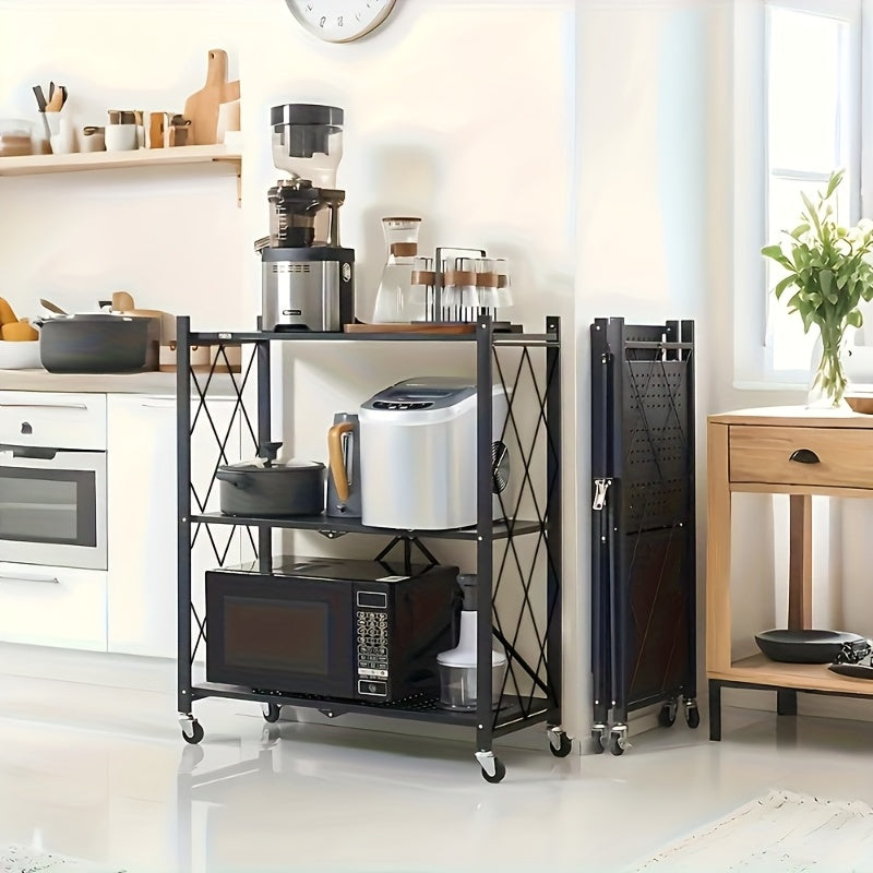 3-Tier Rolling Storage Rack with Wheels | Heavy-Duty Foldable Shelving Unit for Garage & Kitchen | Black Iron Utility Cart, Multi-Purpose Organization