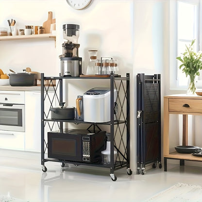 3-Tier Rolling Storage Rack with Wheels | Heavy-Duty Foldable Shelving Unit for Garage & Kitchen | Black Iron Utility Cart, Multi-Purpose Organization