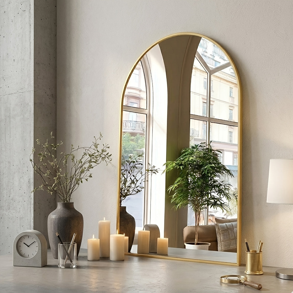 Gold Black Arch Mirror Wall Mounted Metal Frame Arched Wall Mirror Multiple Sizes for Bathroom Bedroom Entryway Living Room Vanity