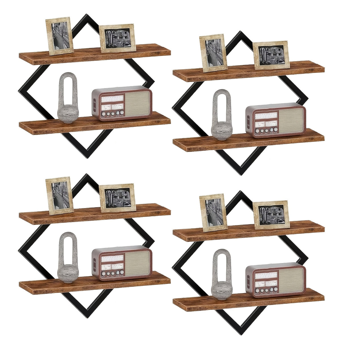Floating Wall Shelf Diamond Geometric 2/4pcs Double Layer – Industrial Metal Wire & Wood Display Stand for Living Room Kitchen Bedroom, Artistic Home Decor