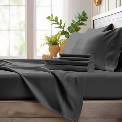 Bamboo Cooling Sheet Set 4-Piece – Cooling Bamboo Fiber Fitted Sheet, Flat Sheet & 2 Pillowcases for Hot Sleepers, Extra Deep Pocket, Twin Full Queen King, 17 Colors