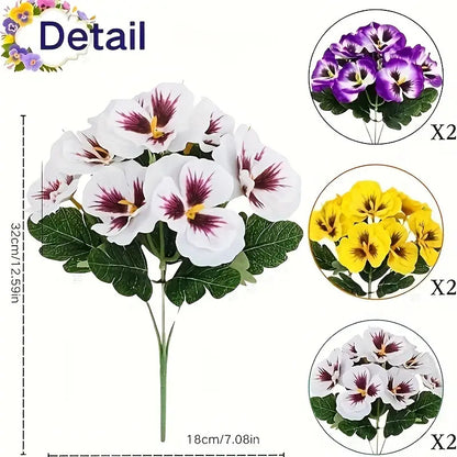 Artificial Pansy Flowers 6 Bunches Realistic Plastic Blooms for Indoor Outdoor Home Garden Decor, Weather-Resistant Faux Flowers Yellow Purple White Colorful Display, Low Maintenance Floral Arrangement