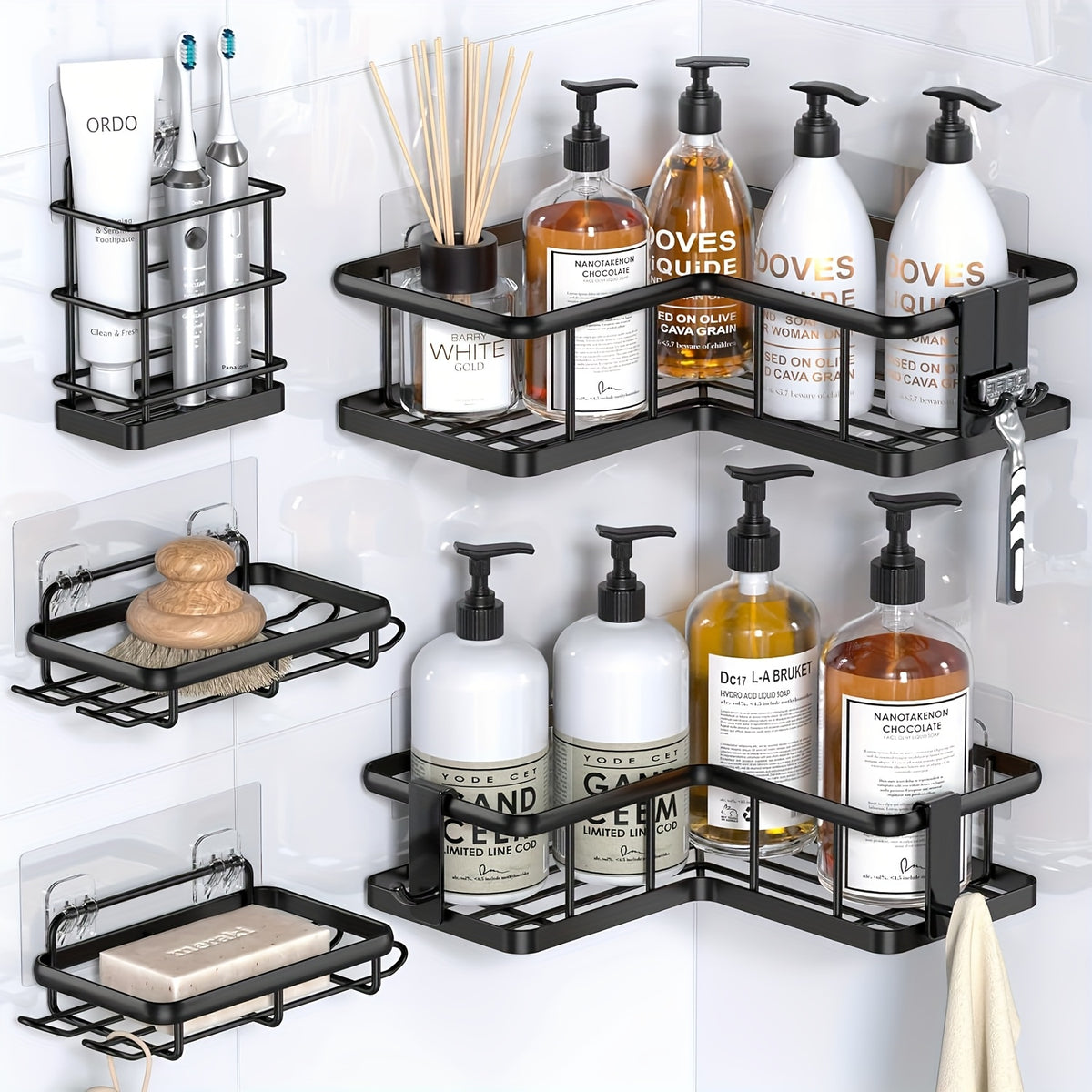 Corner Shower Caddy 5 Pack with Soap Holder & 4 Removable Hooks – No Drilling Suction Cup Shower Shelf, Rustproof Stainless Steel Bathroom Organizer for Inside Shower | 8 Colors