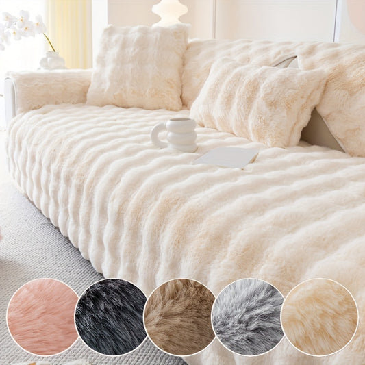 Faux Rabbit Plush Sofa Cover Winter Warm Thickened Anti-Slip Furniture Protector – Soft Pet-Friendly Couch Cover for Living Room Bedroom Office, 4 Colors