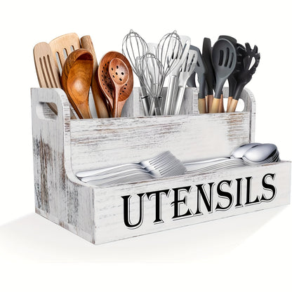 Extra Large Kitchen Utensil Organizer 4 Compartments Wooden Countertop Utensil Holder - Farmhouse Rustic Kitchen Storage for Cooking Utensils Spatulas Spoons - White Black