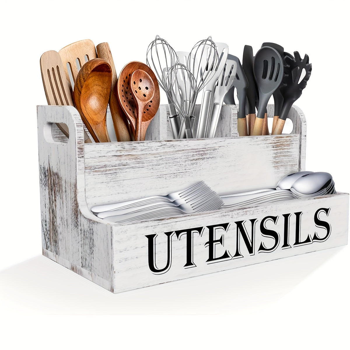 Extra Large Kitchen Utensil Organizer 4 Compartments Wooden Countertop Utensil Holder - Farmhouse Rustic Kitchen Storage for Cooking Utensils Spatulas Spoons - White Black