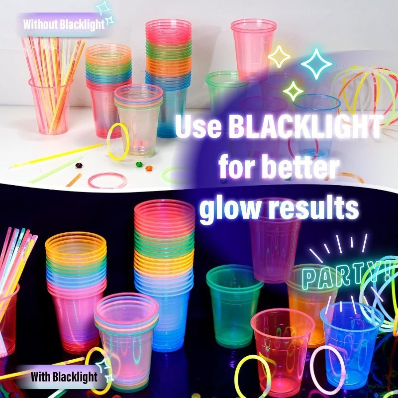 Neon Glow Party Cups 100 Pack Disposable Plastic Cups Glow in the Dark 12oz 16oz for Neon Party Blacklight Halloween Christmas Carnival Rave Birthday