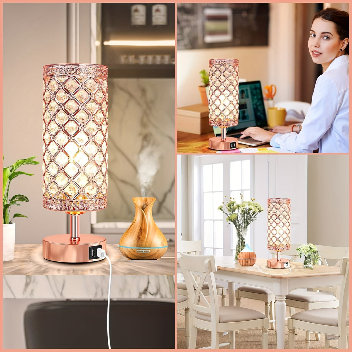 Crystal Table Lamp with Touch Control & 2 USB Ports – 3-Way Dimmable Bedside Nightstand Light for Bedroom, Living Room & Office, LED Bulb Included