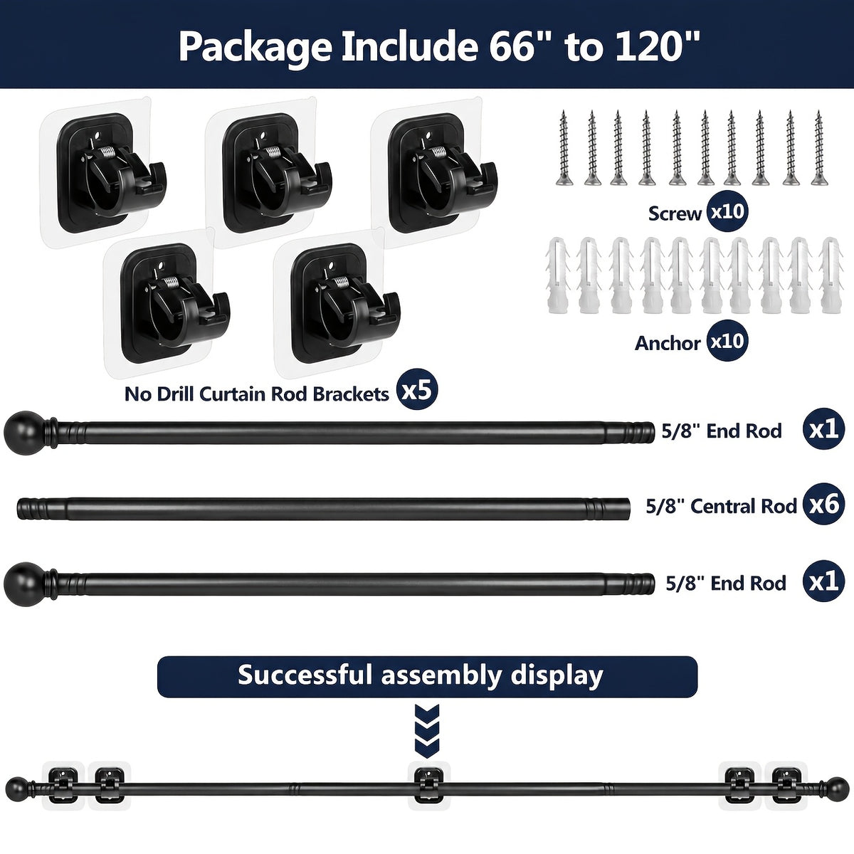 No Drill Curtain Rod with Adhesive Brackets – 5/8 Inch Diameter Tension Drapery Pole, No Hole Wall Damage, 2-Pack Black, Fits Windows 30 to 120 Inches
