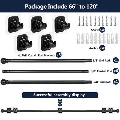 No Drill Curtain Rod with Adhesive Brackets – 5/8 Inch Diameter Tension Drapery Pole, No Hole Wall Damage, 2-Pack Black, Fits Windows 30 to 120 Inches