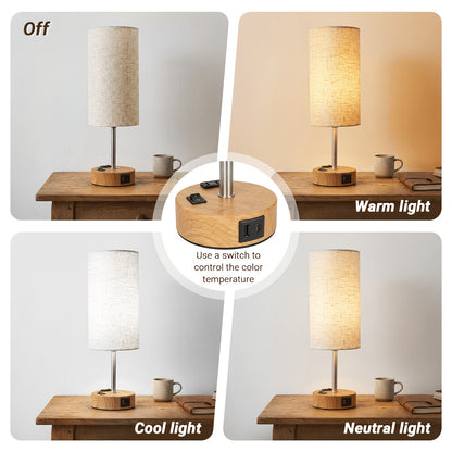 Dimmable Table Lamp with USB Charging Port and AC Outlet, 3-Way Touch Control Bedside Nightstand Lamp with Wood Metal Base and LED Bulb Included, Modern Desk Light for Bedroom Living Room Office