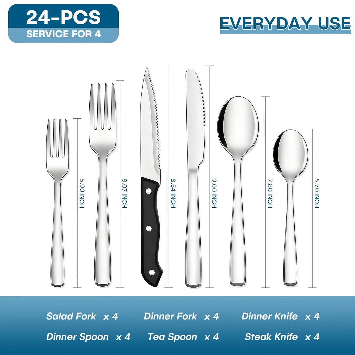 Stainless Steel Flatware Set 24/60 Piece for 4/12 People, Silverware Set with Gift Box Includes Steak Knives Salad Forks Dessert Spoons, Dishwasher Safe Cutlery Set for Home Wedding Camping Christmas, Silver Black