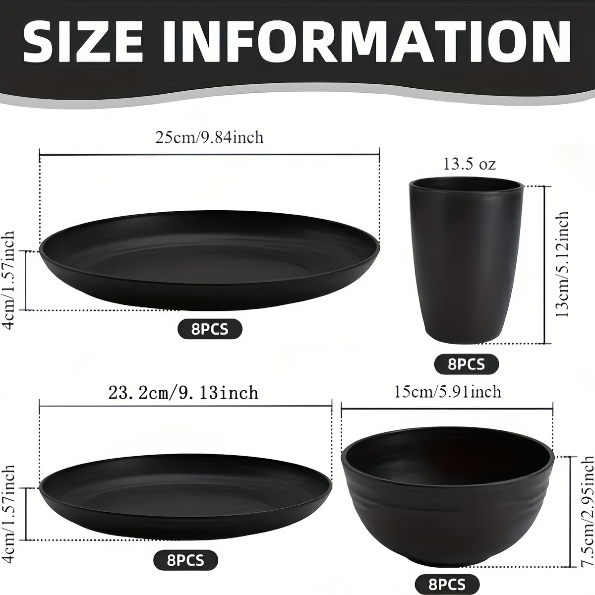 Wheat Straw Dinnerware Set Unbreakable – 16 or 32 Piece Lightweight Dish Set with Dinner Plates, Dessert Plates, Bowls & Cups, Dishwasher & Microwave Safe, Service for 4 or 8, Black or White