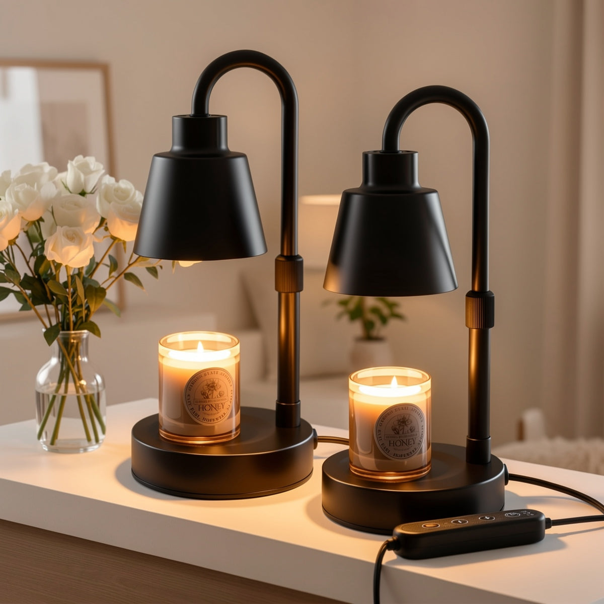 Candle Warmer Lamp 2 Pack Electric Wax Warmer with Timer & Dimmer for Jar Candles – Adjustable Height 10-14in, 4 Brightness Levels, Cozy Home Decor Gift for Bedroom, Living Room & Office – Black