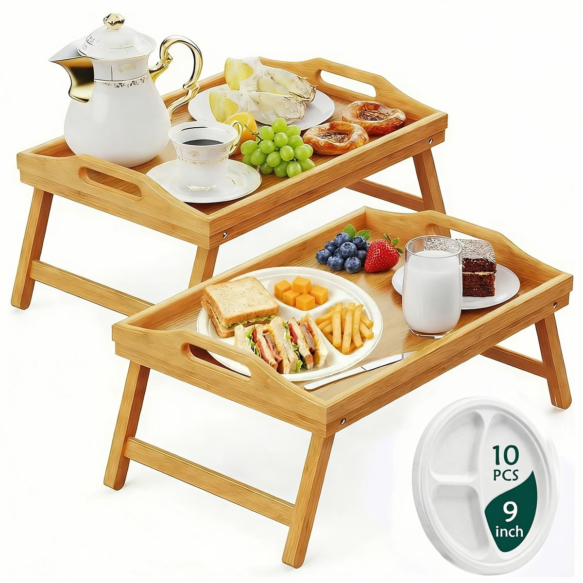 Foldable Bed Tray Table with Handles – Bamboo Breakfast Tray for Eating, Working & Snacking in Bed or Sofa, Sturdy Folding Legs, White Black Natural Bamboo, 1 or 2 Pack