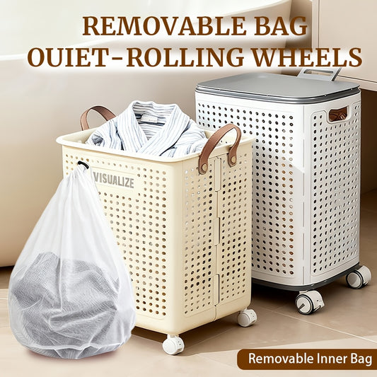 Foldable Laundry Hamper with Wheels – Large Dirty Clothes Basket with Lid for Bedroom Bathroom Dorm RV Home Storage Organizer
