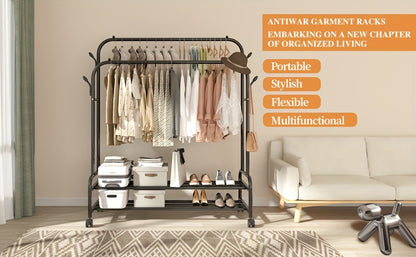 Heavy-Duty Metal Clothing Rack with Double Rods & Wheels – Freestanding Garment Rack with Shelves & Hooks for Bedroom Closet, Golden