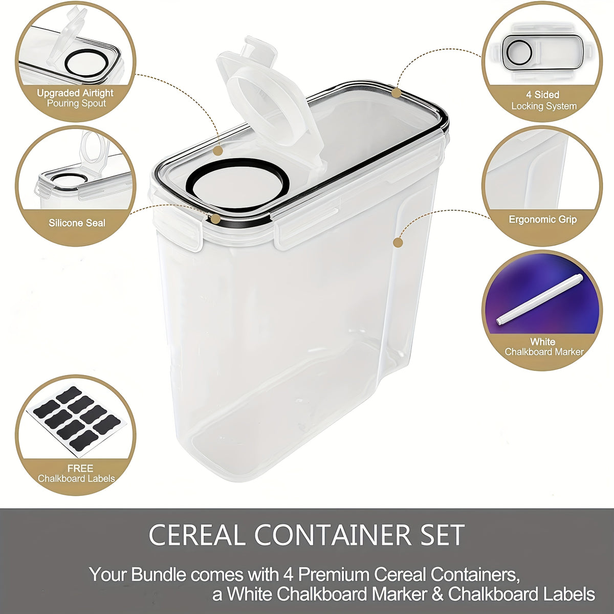 Large Airtight Storage Containers for Pantry 4-Pack, 4L/135oz BPA-Free Plastic Canister Set with Clip-On Lids, Dishwasher Safe, for Rice, Flour, Cereal, Nuts, Grains & Dry Food Kitchen Organization