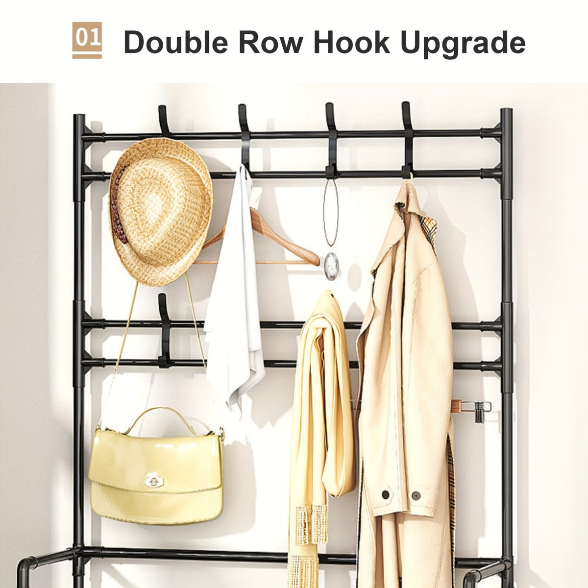 Shoe Rack Organizer with 8 Hooks Multi-Layer - Free Standing Shoe Storage Shelf for Entryway, Closet & Bedroom, Space-Saving Vertical Shoe Tower with Hat & Coat Hooks, 3 or 5 Tier Black