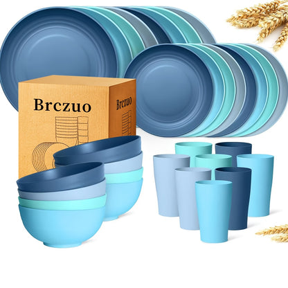 Wheat Straw Dinnerware Set 16/32 Piece, Unbreakable Plastic Plates Bowls Cups for Camping Outdoor Picnic, BPA-Free Lightweight Tableware for 4/8 People, Dishwasher Safe Kitchen Dining Set Black Colorful