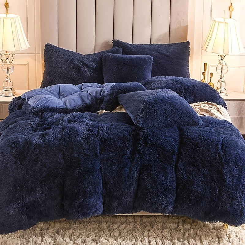 Plush Duvet Cover Set 3-Piece – Soft Fuzzy Comforter Cover with 2 Pillowcases, Cozy Warm Bedding for Bedroom & Dorm, Twin Full Queen King, 14 Colors including Solid & Tie Dye