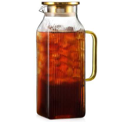 Glass Pitcher with Lid & Handle 68oz – Borosilicate Water Jug for Fridge, Iced Tea, Coffee Carafe & Cold Drinks, Heat Resistant, 304 Stainless Steel Lid, 1 or 2 Pack