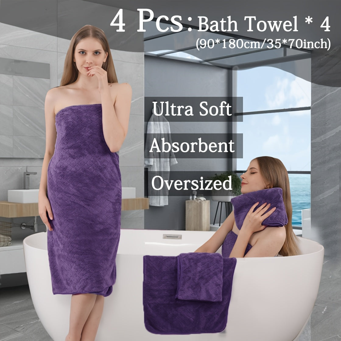 Diamond Weave Bath Towel Set 4 Piece Oversized Ultra Soft Quick-Dry Microfiber Towels Highly Absorbent Hotel Quality Bathroom Towels 10 Colors for Home Gym Spa – Luxury Bath Towel Set