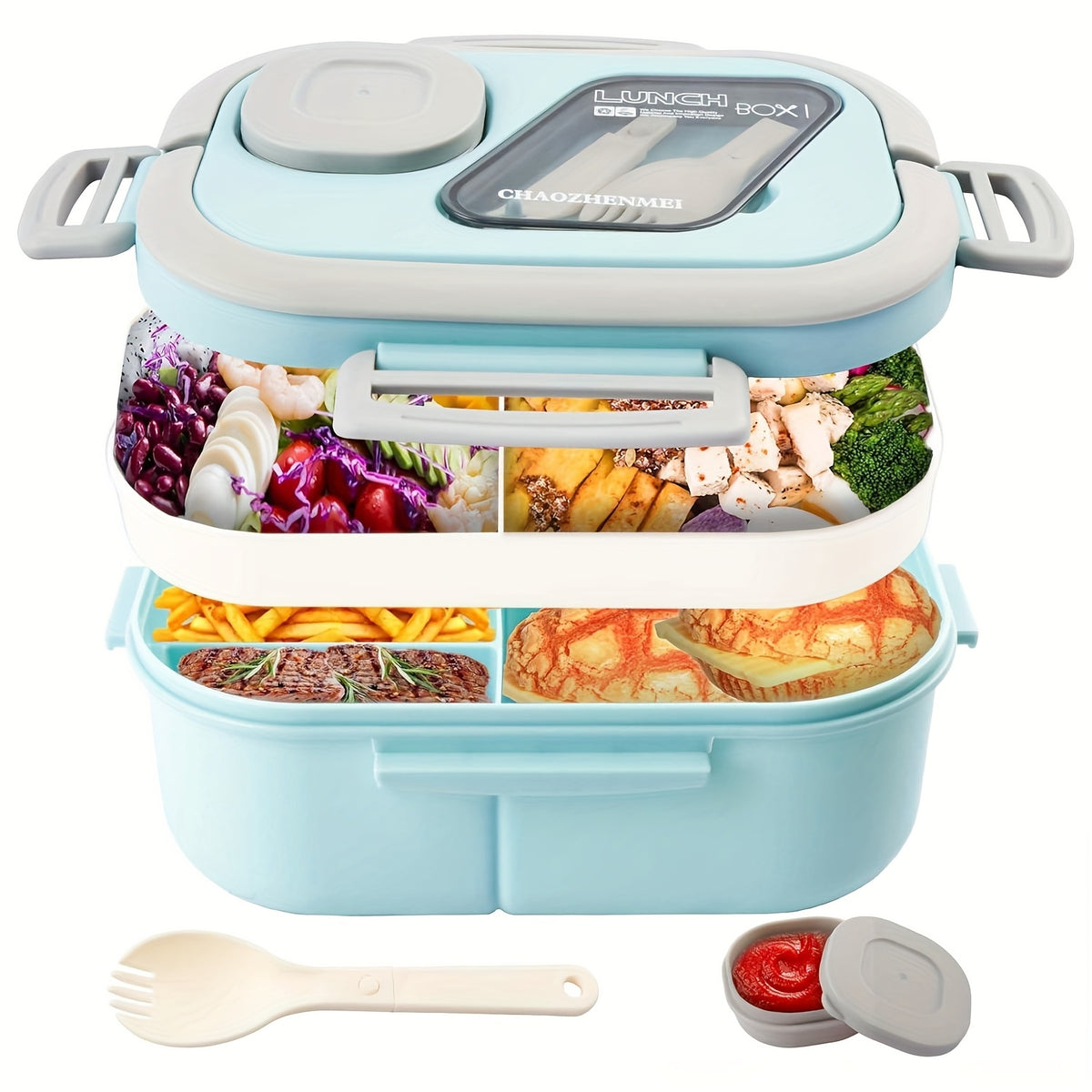 Bento Lunch Box Set with Bag and Cup, 2-Layer Multi-Compartment Meal Prep Container for School Office Picnic, Leakproof Food Storage Box with Insulated Lunch Bag, Pink Blue Green White
